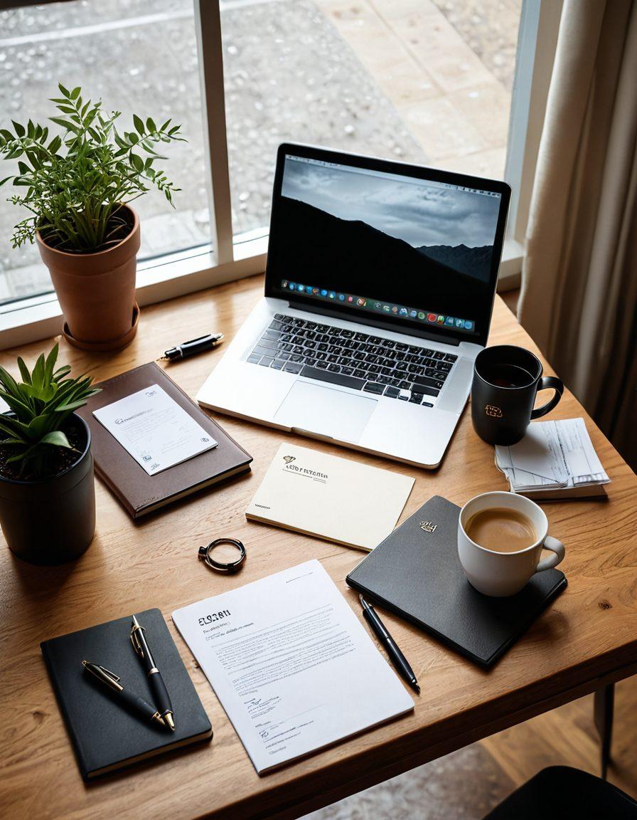 A sophisticated workspace featuring an elegant Europass CV laid out on a wooden desk, surrounded by stylish stationery like a fountain pen, a leather notebook, and a cup of coffee. Soft natural light filters through a nearby window, casting gentle shadows and highlighting the CV's sleek design. Include a computer with a design software open in the background to emphasize a modern, professional environment. elegant, super-realistic, soft colors, warm lighting.