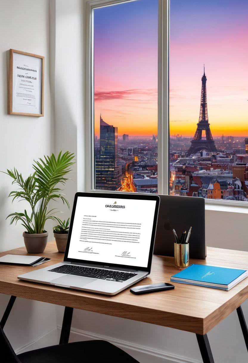 A stylish Europass CV displayed on a sophisticated wooden desk, surrounded by elegant stationery and a laptop. The background features motivational quotes and a glimpse of a bustling city skyline through a window. Include elements representing personal achievements like awards and certificates in a modern yet professional setting. super-realistic. vibrant colors. white background.