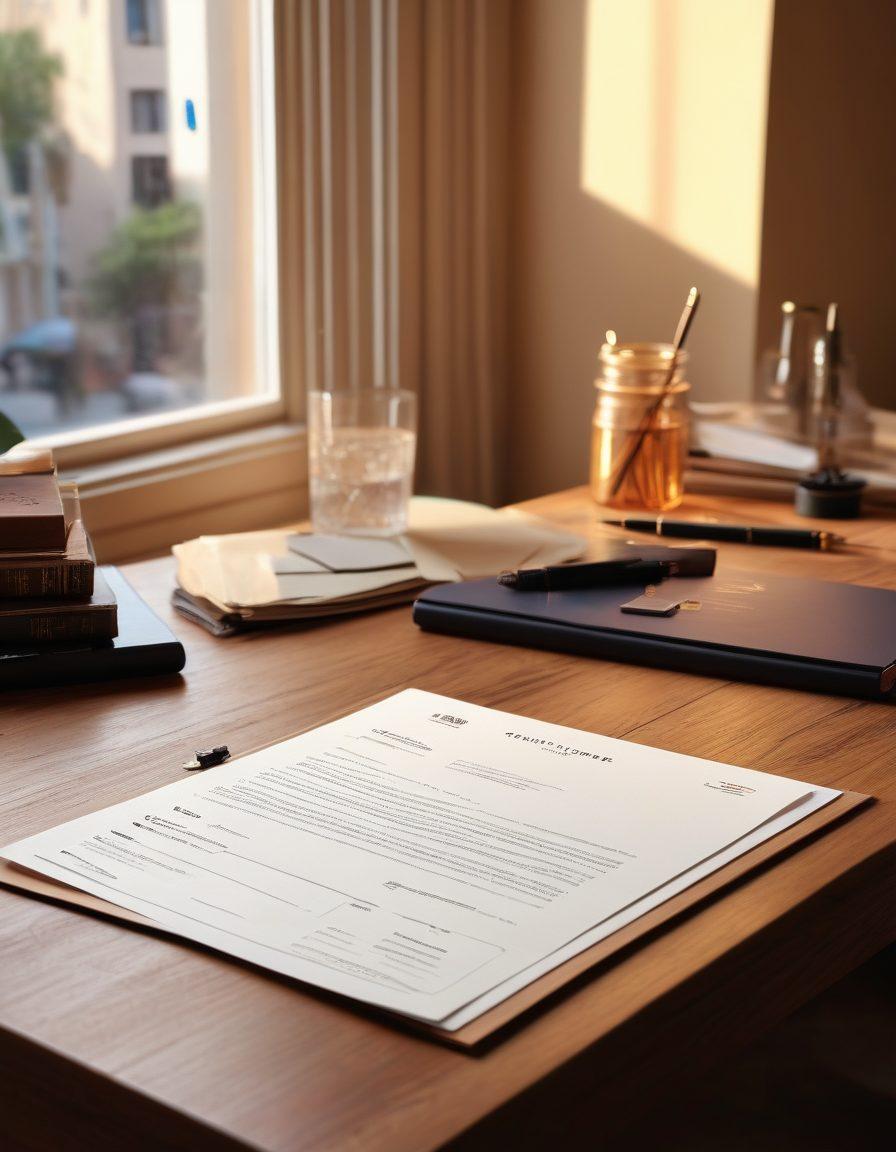An elegantly designed Europass resume displayed on a sleek wooden desk, surrounded by artisanal stationery, a vintage fountain pen, and a laptop with personal branding elements like a logo and color palette. Soft natural light filters through a nearby window, illuminating the space and creating a sophisticated atmosphere. The background hints at a stylish workspace with tasteful decor. super-realistic. vibrant colors. minimalistic style.